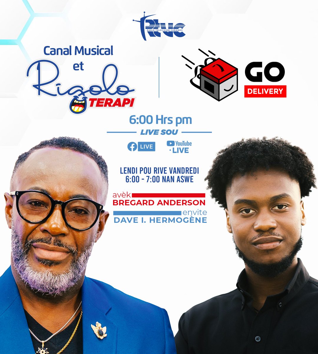 DaveHermogene's tweet photo. Rejoignez-moi en direct aujourd’hui sur ‘Rigolo Terapi’ à 18h sur Radio Télévision Caraïbes, Facebook ou YouTube. 
Écoutez-nous également sur 94.5 FM pour tout savoir sur GO Delivery et nos services innovants. 
Découvrez comment nous transformons la livraison en Haïti 🇭🇹 https://t.co/qguZE7bE4J
