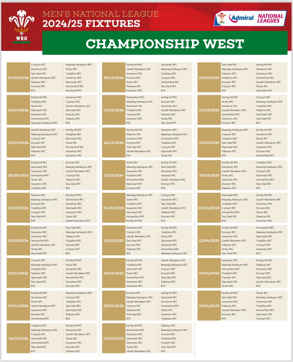 glynrfc's tweet image. 📆2024/25 FIXTURES📆
Here are our fixtures for the 2024/25 season following our return to the @WRUChampionship 
We start off with a visit to @TrebanosRugby with @tatarugby visiting Abernant Park the week after for our first home game
#letsgooo 🇩🇪🇩🇪