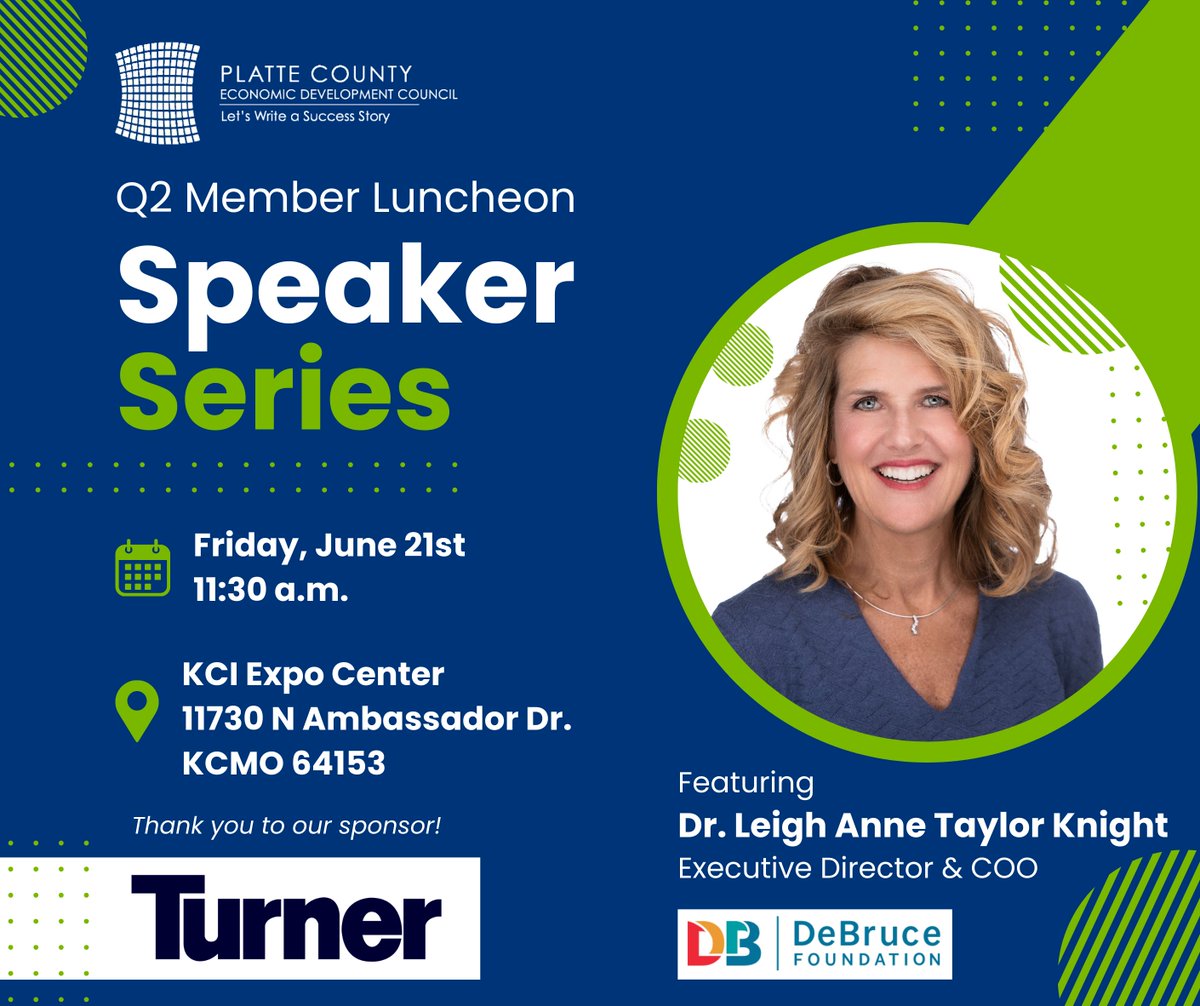 Our Q2 Member Luncheon is NEXT WEEK!  Join us as we host Dr. Leigh Anne Taylor Knight from <a href="/DeBruceFound/">The DeBruce Foundation</a>  for our Speaker Series. Don't wait! Secure your seat today.🔗 Register HERE: bit.ly/3ViUlIo

Thank you to our sponsor, <a href="/TurnerCo_KC/">Turner Construction</a>!