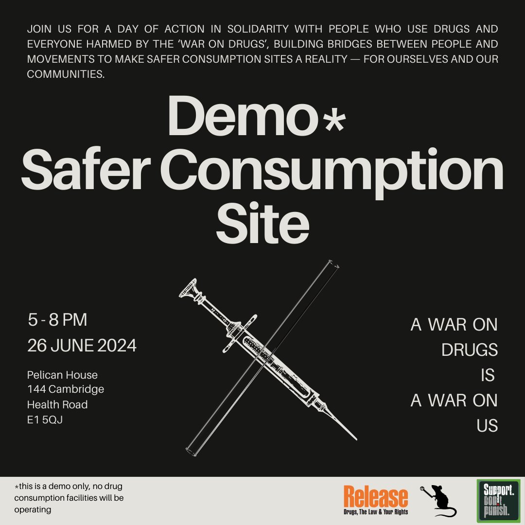 Release_drugs's tweet image. Join us 26 June 5-8 PM @ Pelican House E1 5QJ for our #SupportDontPunish event, where we will have a demo SCS on display! 

We urgently need safer consumption sites to prevent further overdose deaths and provide support and community for people pushed into premature death.