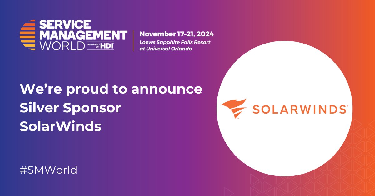 ThinkHDI's tweet photo. Weโre excited to announce SolarWinds as a Silver Sponsor of #SMWorld 2024, Nov 17-21 in Orlando, FL! Mark your calendars ๐
and stay connected for registration details ๐ https://t.co/i6D0pc0eck
#ITSM #ServiceManagement #SolarWinds https://t.co/YBWgftqkNp