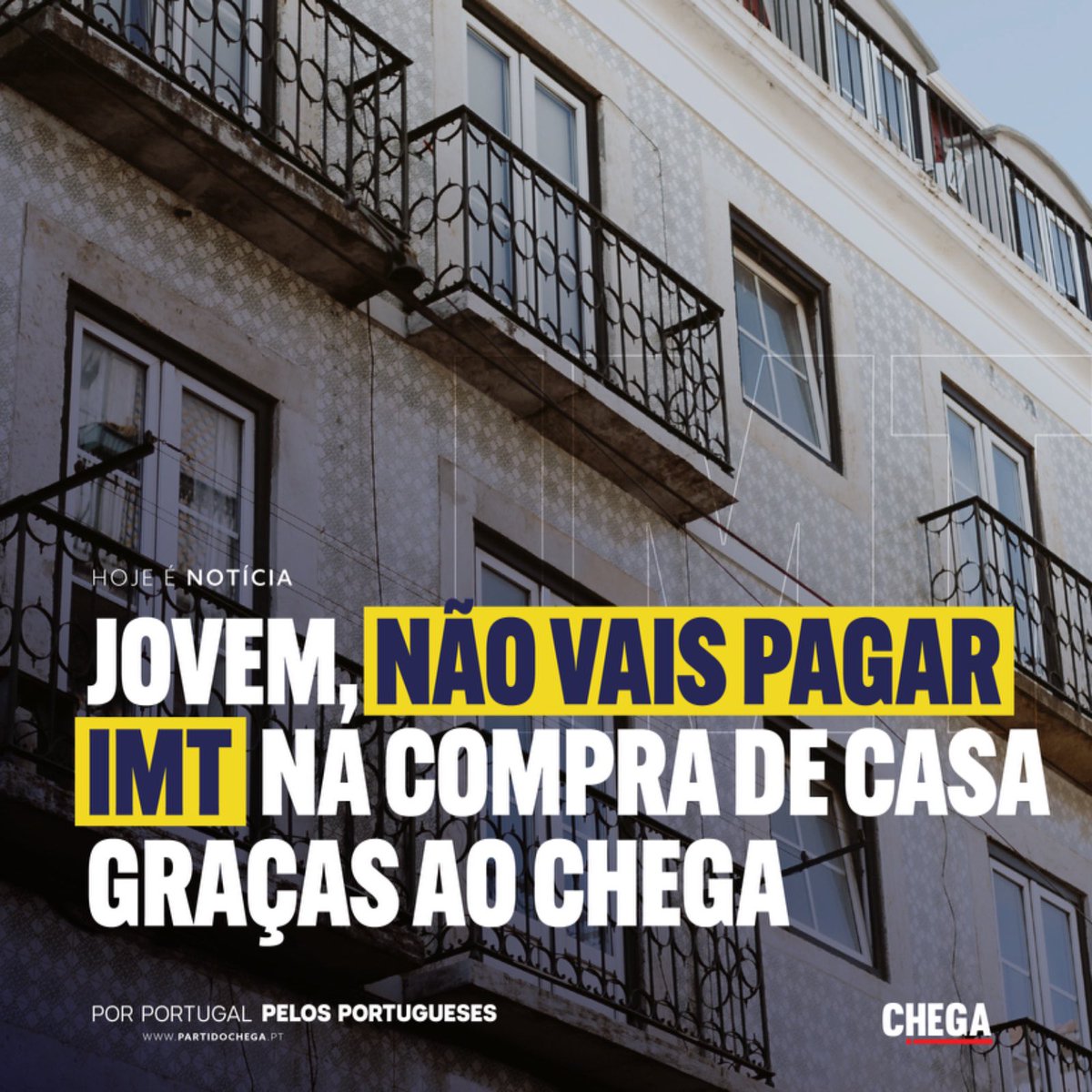 AndreCVentura's tweet photo. ALERTA: Se tens até 35 anos, vais deixar de pagar IMT e imposto de selo na compra da primeira habitação, graças ao CHEGA! 

Se queremos incentivar a que os nossos jovens fiquem em Portugal e aqui construam o seu projeto de vida, este tem de ser o caminho. Uma bandeira do CHEGA há demasiados anos que finalmente tornou-se realidade. Mais vale tarde do que nunca! 

O CHEGA vota sempre a favor de propostas que sejam boas para os portugueses, venham elas de que partido vierem. É este o nosso compromisso!