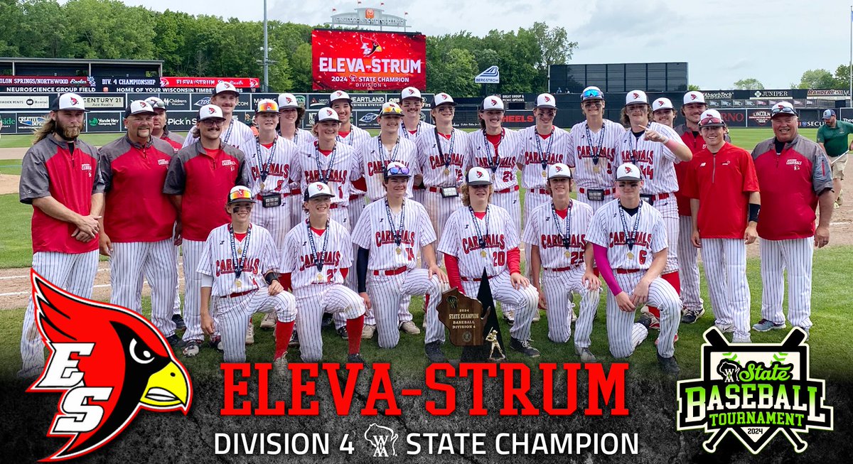 On their first-ever trip to the State Tournament, Eleva-Strum wins the D4 State Title! The Cardinals defeated Solon Springs/Northwood 11-1 in 5 innings to win the championship. Congratulations, @SDofElevaStrum! ⚾️🏆 #wiaabase #statechamps