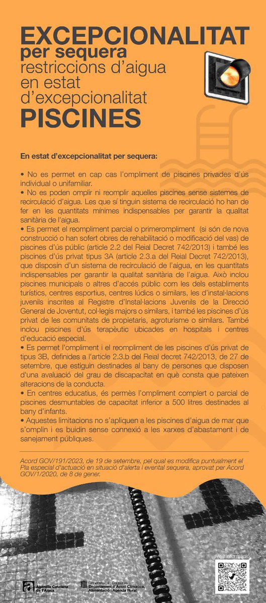 EXCEPCIONALITAT per Sequera‼️
Us recordem que no es poden omplir ni reomplir piscines privades d'us unifamiliar ni tampoc aquelles que no disposin de sistema de recirculació d'aigua.
Tot i que es suavitzen les restriccions, la sequera persisteix.
🙏Cal continuar estalviant aigua