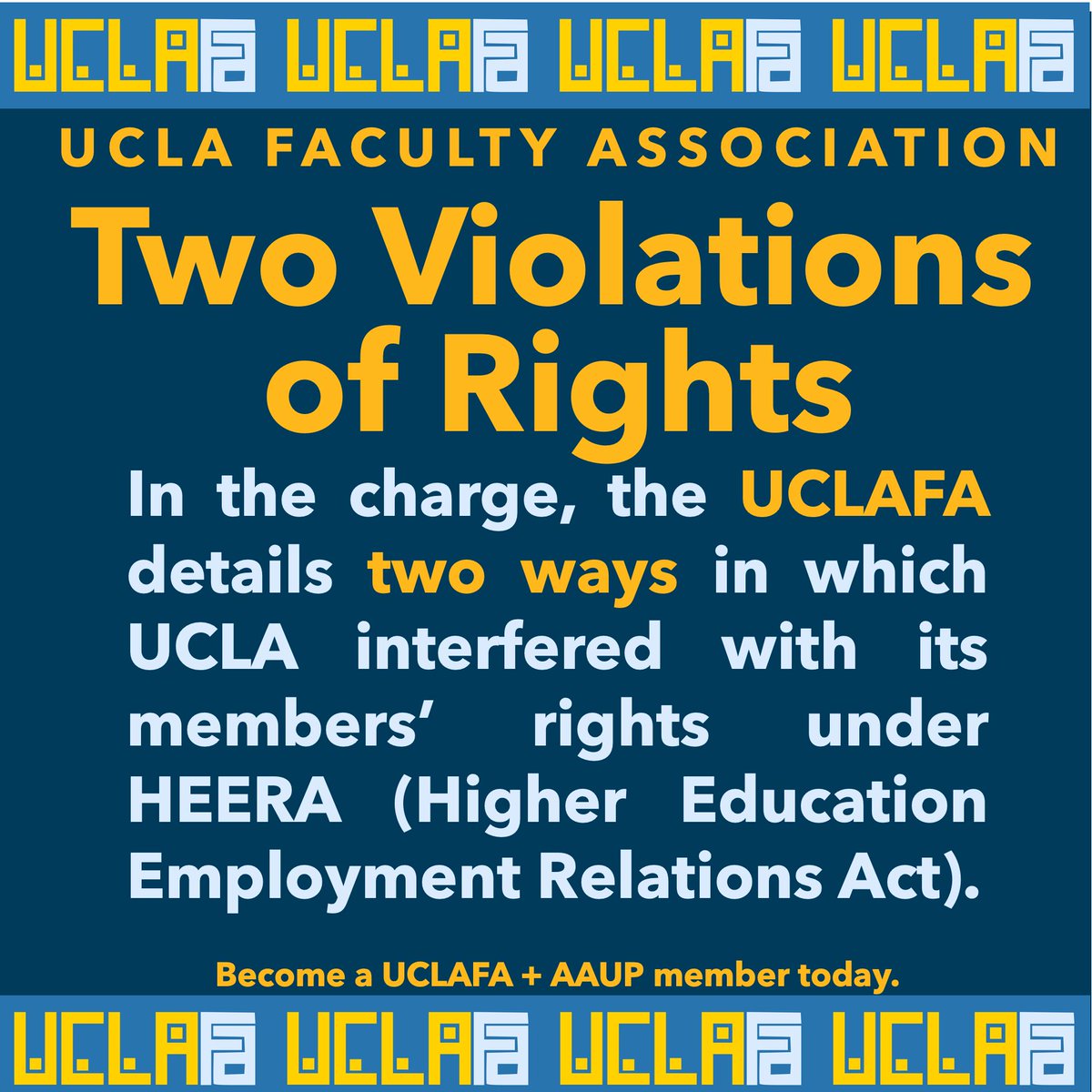 In the charge, the #UCLAFA details two ways in which #UCLA interfered with its members’ rights under HEERA (Higher Education Employment Relations Act).