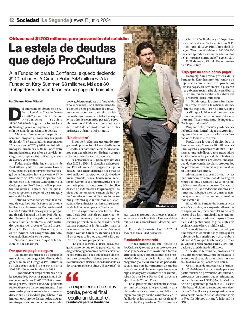Pablo Lira R. (@pablolirar) on Twitter photo 🚨Alarma de corrupción.
La estela de deudas que dejó #Procultura.
El sinvergüenza de <a href="/albertolarrains/">Alberto Larraín</a> recibió cerca de $1.700 millones desde el Gobierno Regional Metropolitana de su amigo <a href="/Orrego/">Claudio Orrego L.</a>. 🚨Alarma de corrupción.
La estela de deudas que dejó #Procultura.
El sinvergüenza de <a href="/albertolarrains/">Alberto Larraín</a> recibió cerca de $1.700 millones desde el Gobierno Regional Metropolitana de su amigo <a href="/Orrego/">Claudio Orrego L.</a>.
