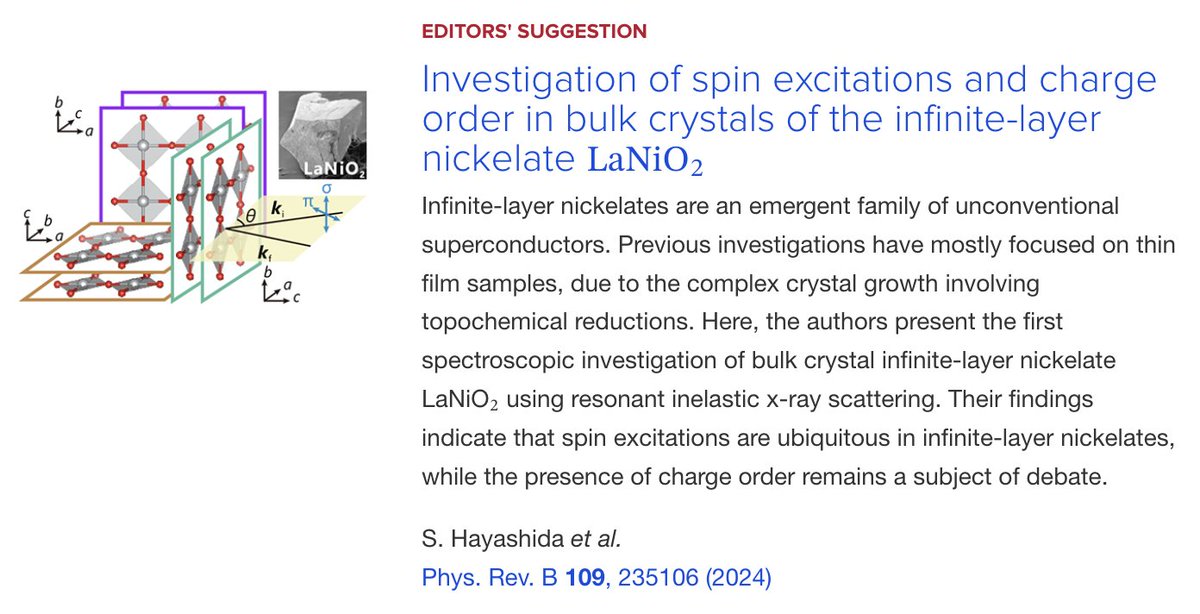 PRB Editors' Suggestion: Investigation of #SpinExcitations and #ChargeOrder in bulk #crystals of the infinite-layer #nickelate #LaNiO2

S. Hayashida et al.,
Phys. Rev. B 109, 235106

➡️ go.aps.org/4aU09wt
#OpenAccess #EdSugg @APSPhysics <a href="/MatthiasHepting/">Matthias Hepting</a> <a href="/YESuyolcu/">Y. Eren Suyolcu</a> <a href="/mpifkf/">Max Planck Institute for Solid State Research</a>