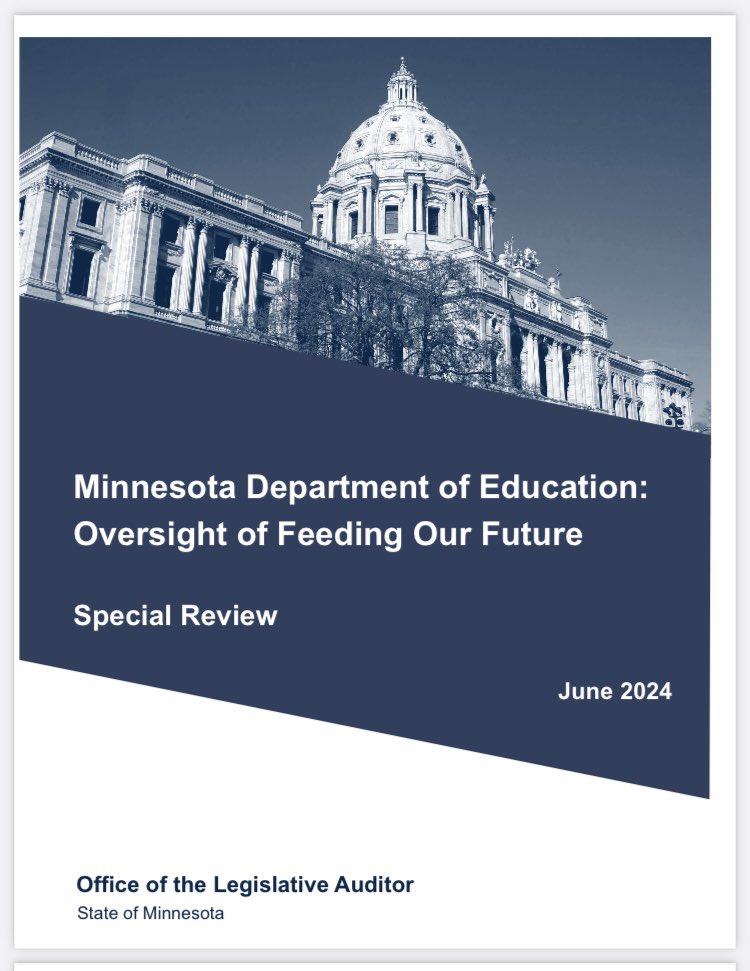 thauserkstp's tweet photo. Another critical report about a MN state agency from the MN Legislative Auditor, this time the MN Dept. of Education: “We found that MDE’s inadequate oversight of Feeding Our Future created opportunities for fraud. MDE failed to act on warning signs known to the department…1/3 https://t.co/fMSK11ztVC