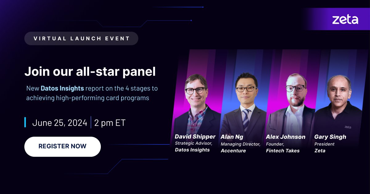 Join our all-star panel for the launch event of the new <a href="/DatosInsights/">Datos Insights</a> report on the four stages of high-performing card programs. 

Register for the webinar now: hubs.ly/Q02BLCwl0

#digitalbanking #customerexperience #Webinar #cardprograms #Zeta