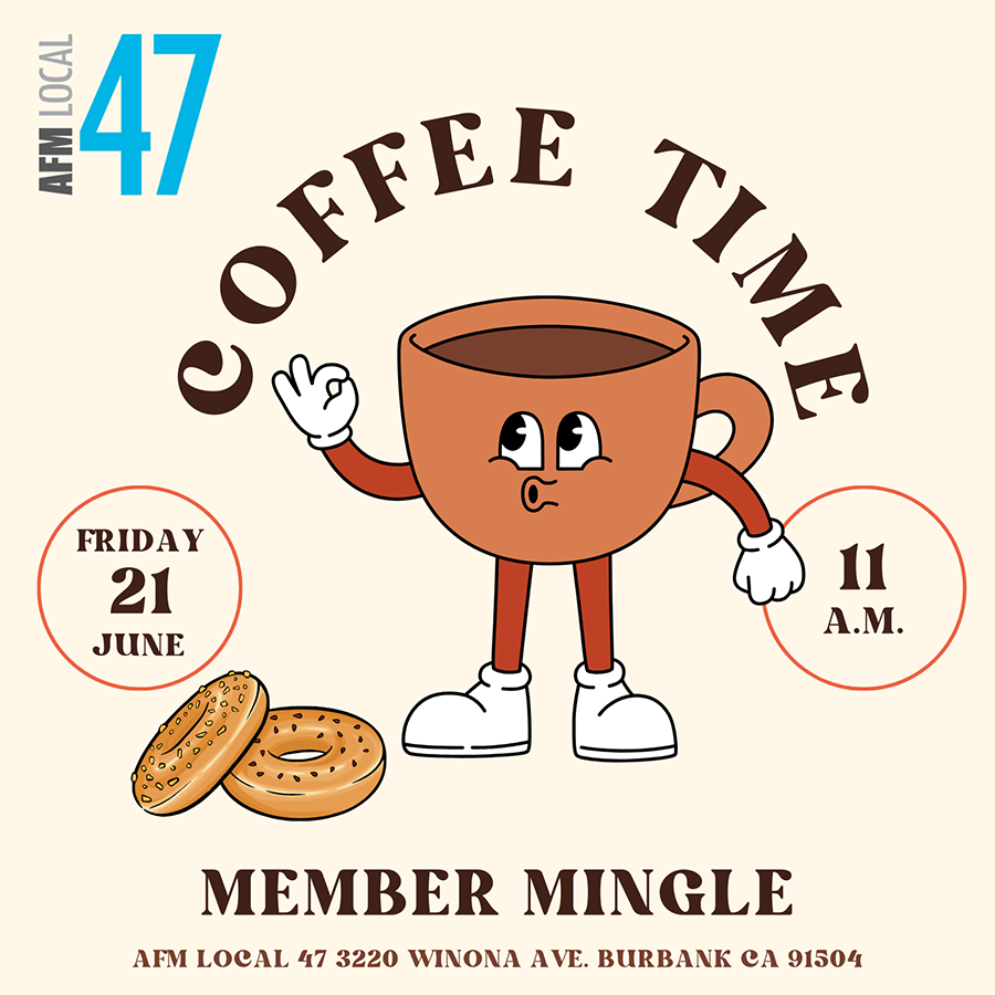 AFMLocal47's tweet photo. All #AFM47 members are invited to our next Member Mingle on Friday, June 21 from 11am-noon in our Captain Greg Welch Gathering Place. Join us for complimentary coffee, bagels and conversation! https://t.co/gNXait88lm