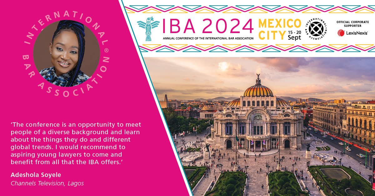 IBA Annual Conference is the leading conference for legal professionals worldwide to meet, share knowledge &amp; build contacts.

💠Read what Shola Soyele <a href="/iamshola/">Shola Soyele</a> <a href="/channelstv/">Channels Television</a> said about attending #IBAMexico

🗓️15-20 Sept
🌎Mexico

✍️Register➡️ bit.ly/IBAMexico

#Law