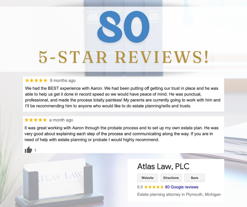 AtlaslawPLC's tweet photo. We want to give a special thank you to everyone that has taken the time to share their experience with Atlas Law. We truly appreciate our clients and their kind words. Thank you for making Atlas Law a 5-star law firm.
 #estateplanning #michiganlawyer #Trustattorney https://t.co/AO9E8Vkunx