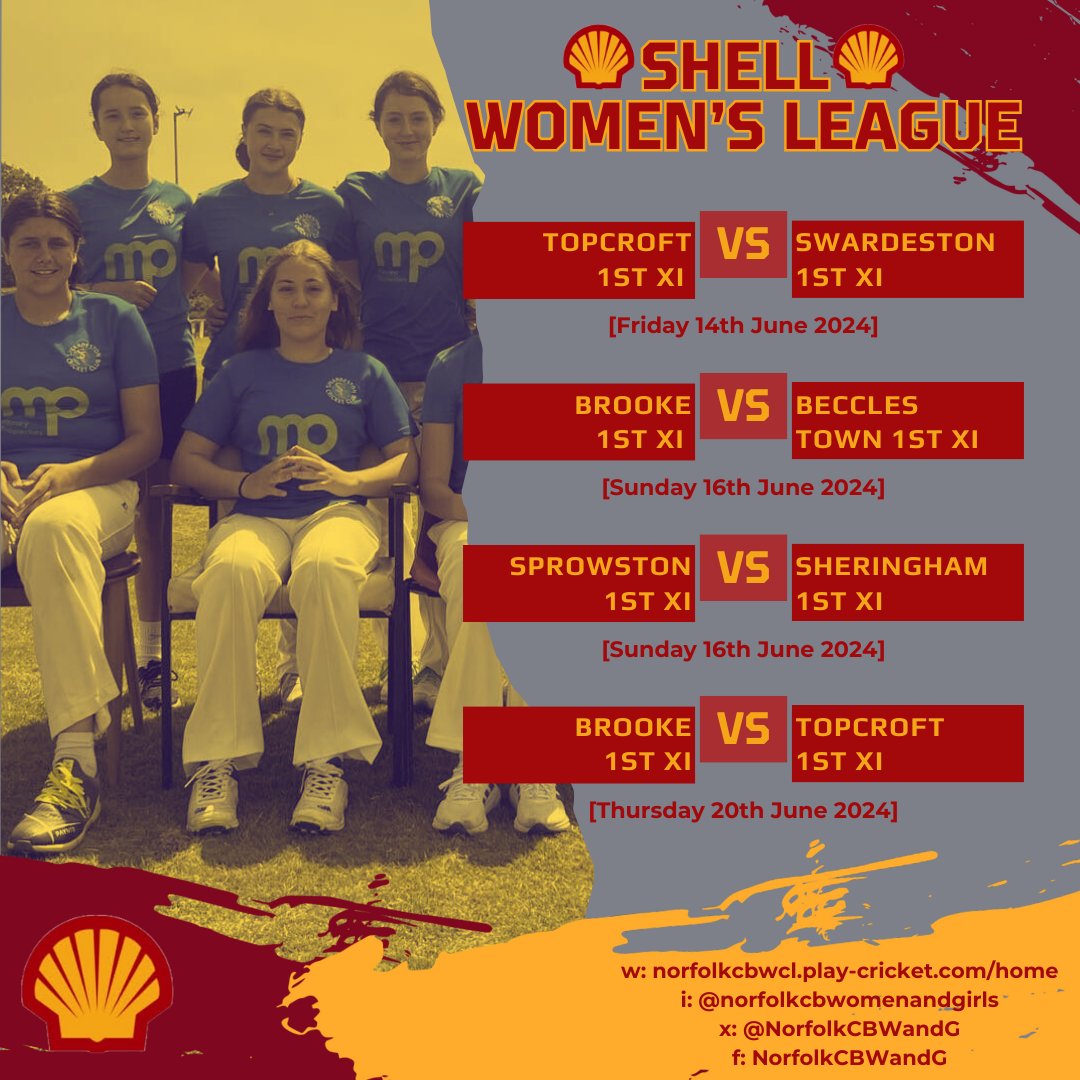 NorfolkCBWandG's tweet photo. 🏏Shell League Fixtures🏏
4 fixtures over the next 7 days for our womens hardball teams
▪️Topcroft v Swardeston
▪️Brooke v Beccles Town
▪️Sprowston v Sheringham
▪️Brooke v Topcroft
#WomensCricket #ShellLeague #HardballCricket #WeGotGame #HerGameToo #TakeHerLead #NorfolkCricket https://t.co/EACOLzTplX