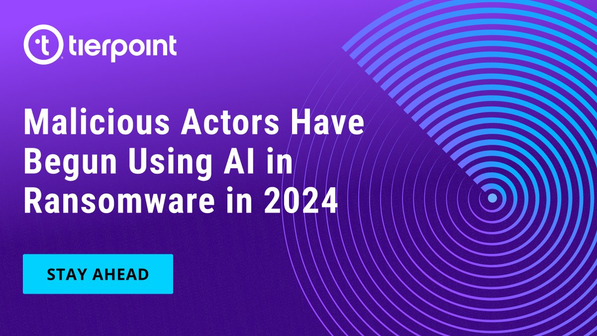 tierpoint's tweet image. The cyber threat landscape continues to evolve, as malicious actors have begun using AI in their ransomware attacks throughout 2024. Learn how you can safeguard your environment against ransomware! bit.ly/3UEDwHu #Ransomware #RansomwareProtection