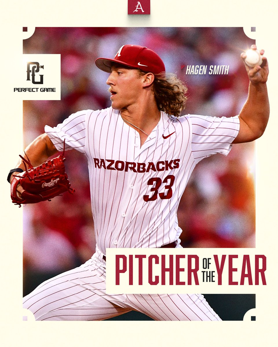 RazorbackBSB's tweet image. The 2024 @PGCollegeBall Pitcher of the Year: Hagen Smith 👑