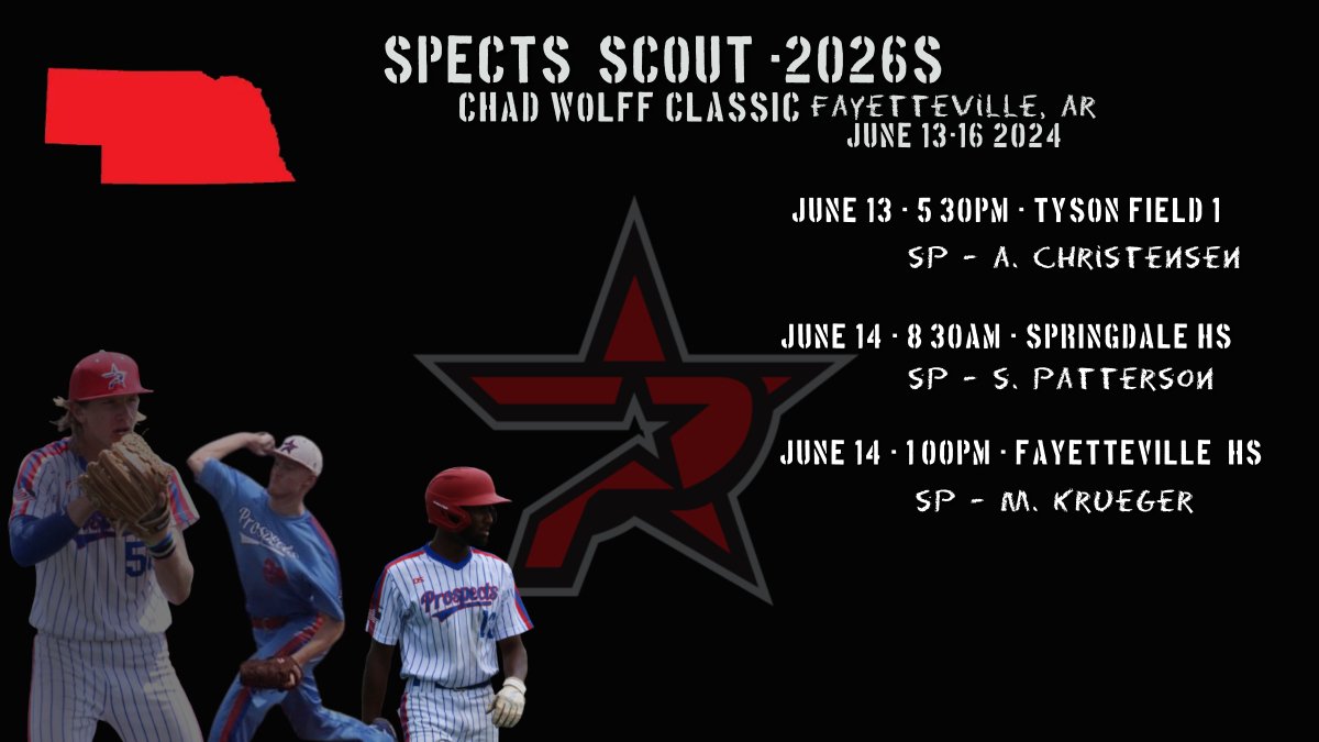 Here is the <a href="/NEspect2026s/">Home of the Nebraska Prospect 2026s</a> Scout Schedule and Rotation for the <a href="/FiveToolMidwest/">Five Tool Midwest</a> CWC in Fayetteville, AR.

G1: <a href="/abechristensen0/">Abe</a>
G2: <a href="/SRPattersonJr/">Stephen Patterson</a>
G3: <a href="/matt_k4/">Matt Krueger</a>