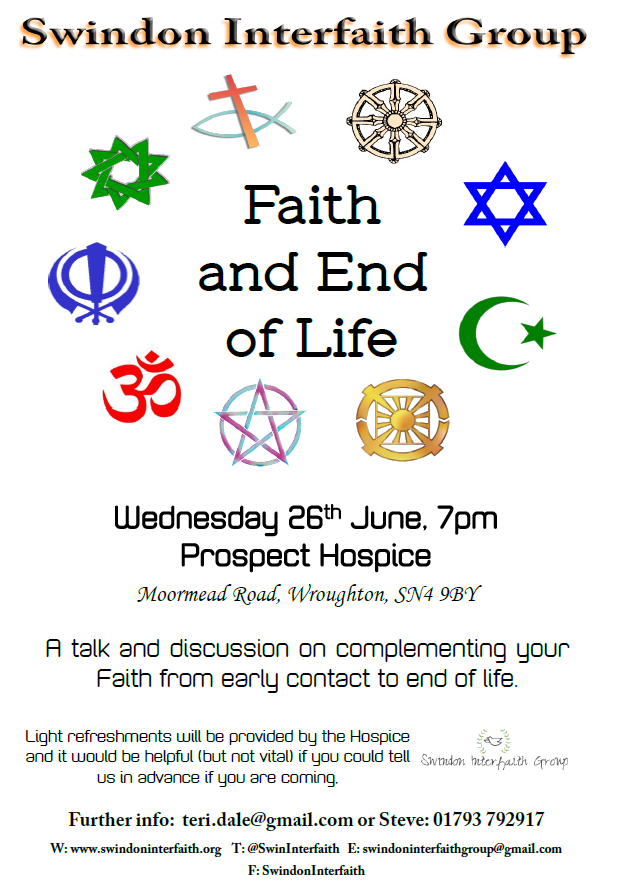 SwinInterfaith's tweet photo. We are pleased to share the details of our next event, in conjunction with the Prospect Hospice.

We will be holding a discussion on 'Faith &amp; end of Life' on Wednesday 26th June 2024 at 4pm. https://t.co/yz67oadhpE