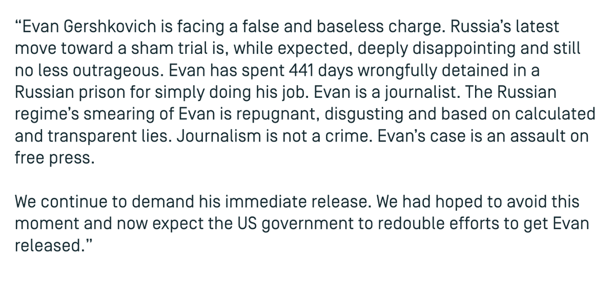 Today, Dow Jones CEO and Wall Street Journal Publisher Almar Latour and Wall Street Journal Editor in Chief Emma Tucker released the below statement on <a href="/WSJ/">The Wall Street Journal</a> reporter Evan Gershkovich. 

Statement here: dowjones.com/press-room/jun…

#IStandWithEvan