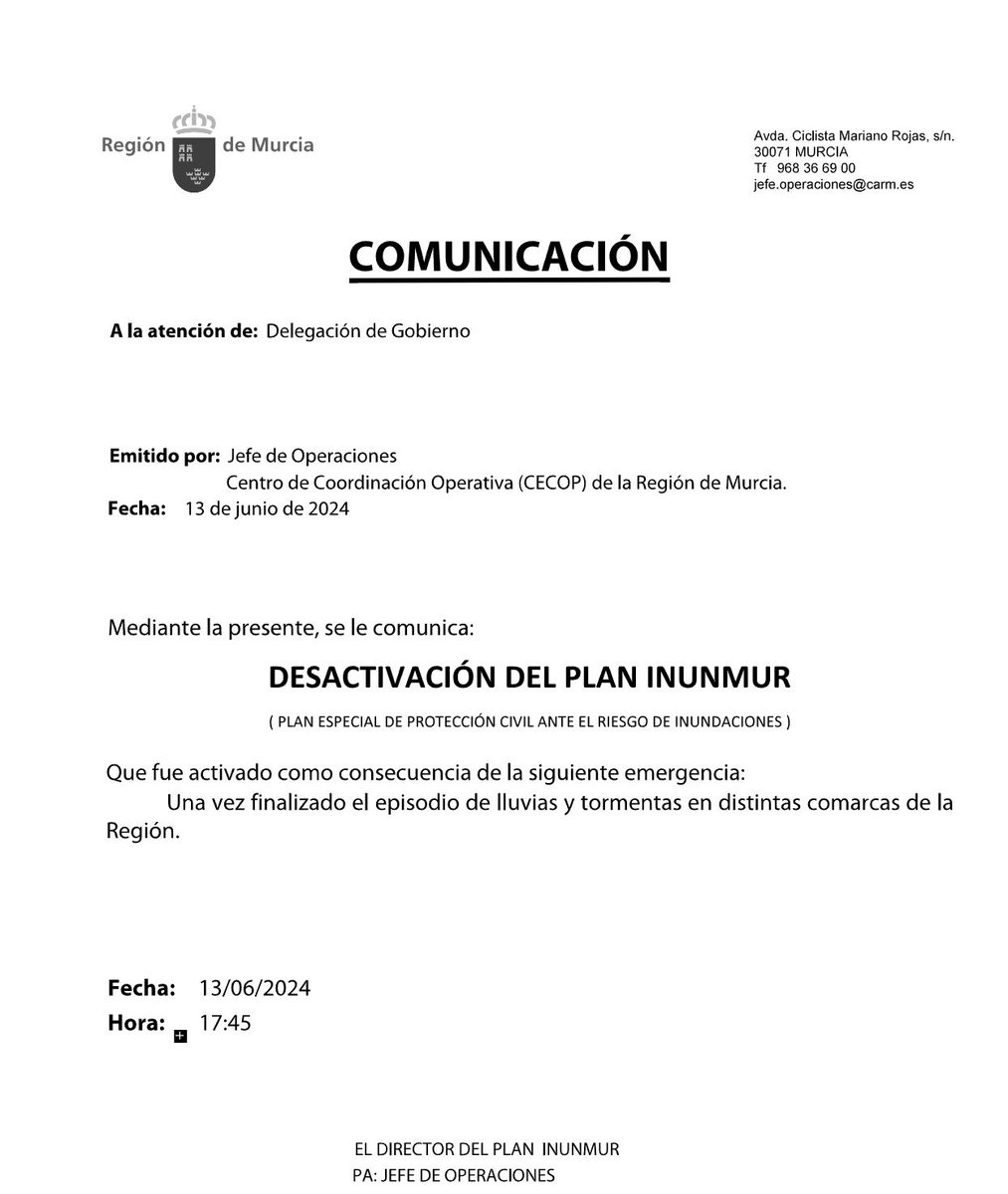 112rmurcia's tweet photo. Se desactivan los Planes #INUNMUR y #PLATEMUR de #Proteccióncivil que fueron activados como consecuencia de los episodios de lluvias y tormentas en la #RegióndeMurcia.

🖨️https://t.co/uiZSMezMSv https://t.co/JEp4kj8bBI