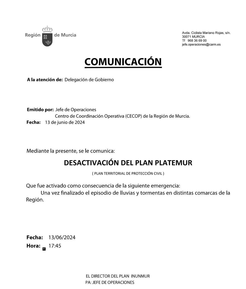 112rmurcia's tweet photo. Se desactivan los Planes #INUNMUR y #PLATEMUR de #Proteccióncivil que fueron activados como consecuencia de los episodios de lluvias y tormentas en la #RegióndeMurcia.

🖨️https://t.co/uiZSMezMSv https://t.co/JEp4kj8bBI