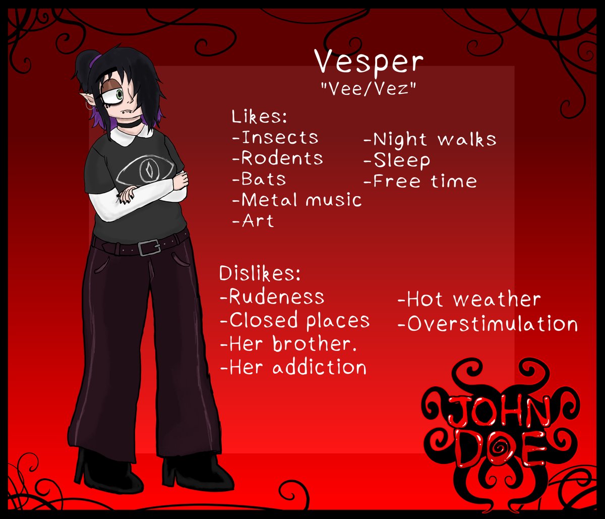 Im just gonna post re-make of Vesper reference sheet(and slight re-design)  (Font and background credits goes to: @mortisfox) #johndoe #johndoegame  #johndoeoc #yousona, image size:1200x1029