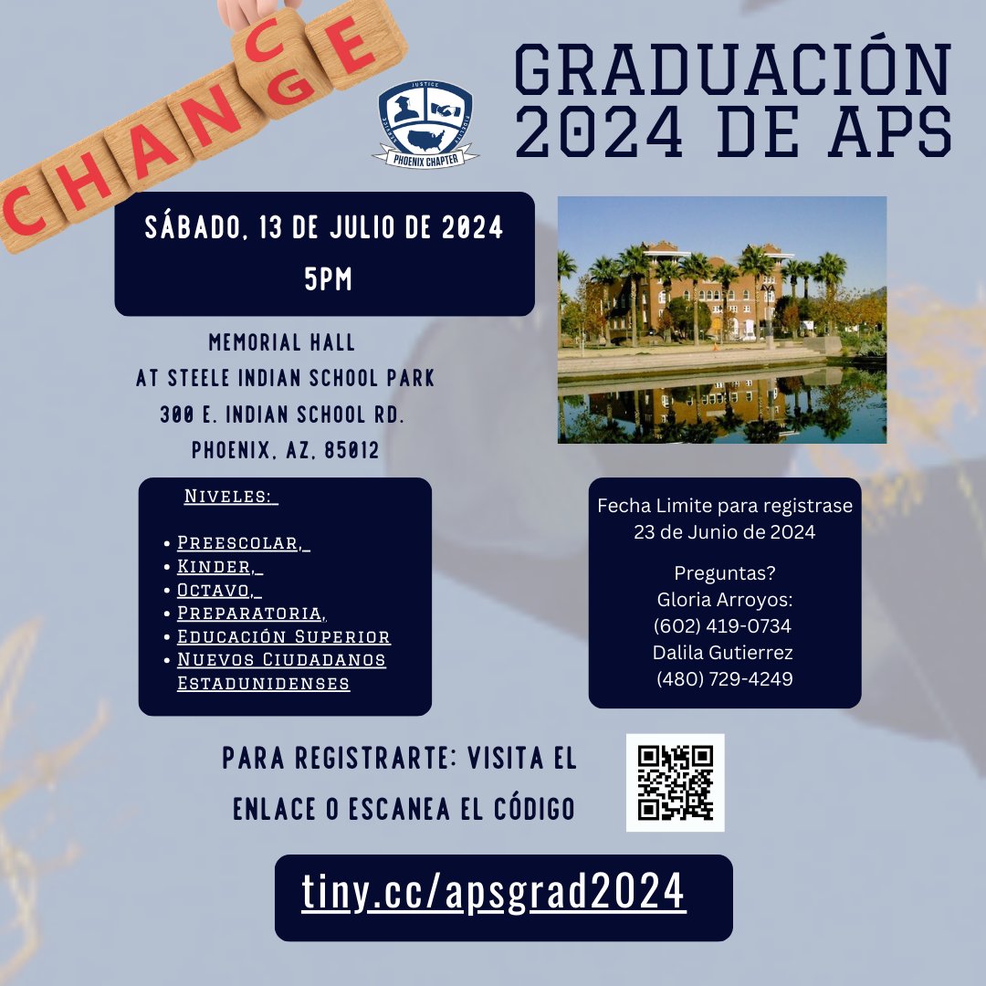 APSPhoenix's tweet photo. 🎓✨ Big news! Our 2024 Graduation Ceremony is now set for July 13th at Memorial Hall, Steele Indian School Park! Still spots left &amp; honoring new US citizens! 🇺🇸 Join us for this milestone celebration 🌟 Register now: https://t.co/2aDO42nXjv #Graduation2024 #NewBeginnings https://t.co/GGbUKPIWtF