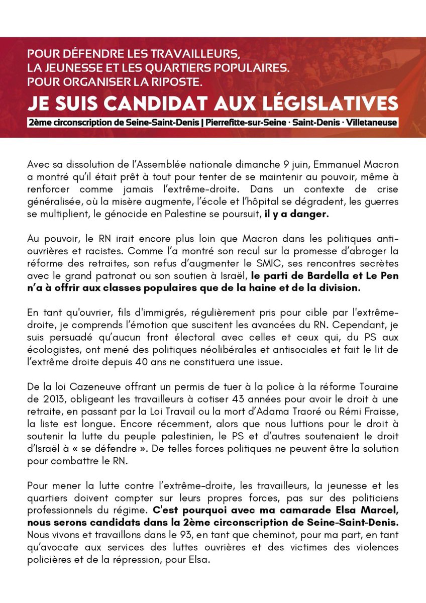 AnasseKazib's tweet photo. 🔴 Je suis candidat aux législatives en Seine-Saint-Denis avec ma camarade @Elsa_Marcel.

On va montrer que le meilleur des barrages à l'extrême-droite, c'est la force des travailleurs, de la jeunesse et des quartiers populaires.

Restez connectés et contactez-nous pour aider ✊🏼 https://t.co/4O2r8hPx3K