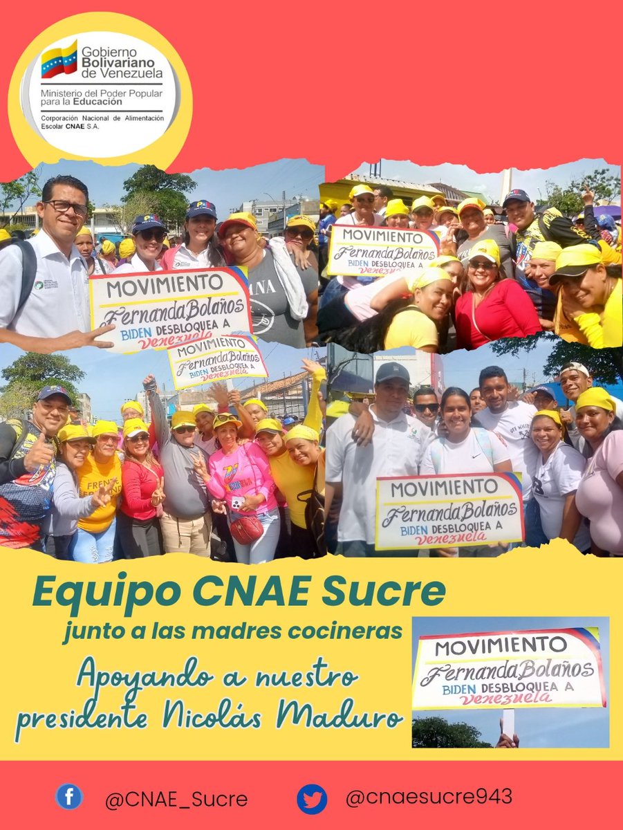#13Jun | La CNAE Sucre y nuestras madres cocineras del FFB caminaron hoy con entusiasmo y alegría en la marcha en respaldo a nuestro presidente <a href="/NicolasMaduro/">Nicolás Maduro</a> 
CNAE_Sucre
@GPintoVzla
#sucreesdeNicolas
