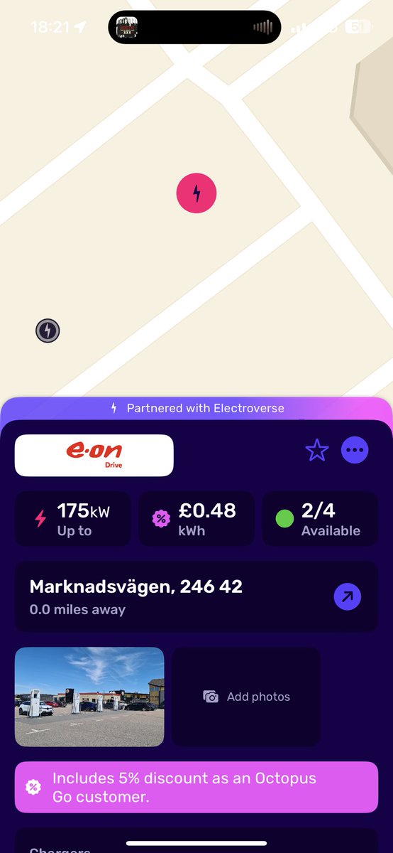 greenstripshow's tweet photo. Failed to be able to use Tesla charging but fall back was #EONdrive via @OctopusElectro 48p/kwh https://t.co/GyD126GKhF