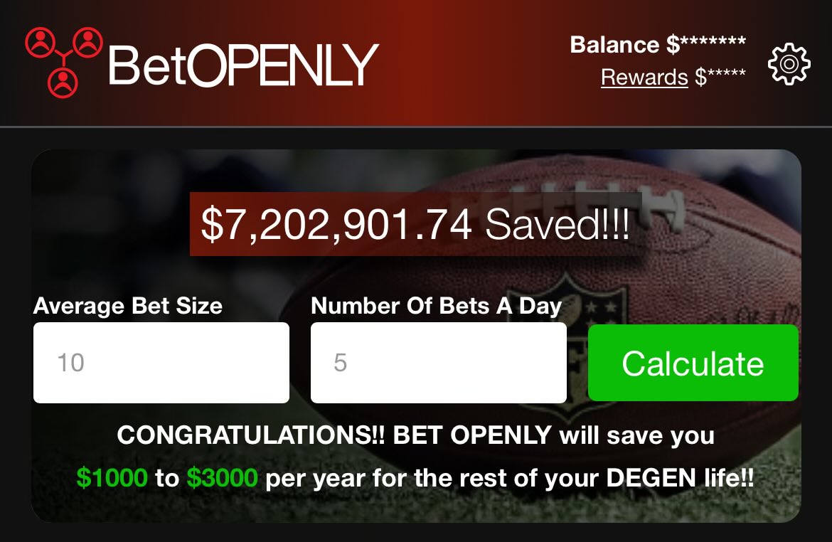 dunavant7's tweet photo. As someone who is a small unit bettor, @BetOpenly was a little scary at first. Would there be bets for me? Truth is, the smaller unit bettor you are, the MORE options it has for you! Look at the new calculator! I’ll save 1-3k per year! That’s 100-300u PER YEAR just by using BO https://t.co/qDr6GwFmQh