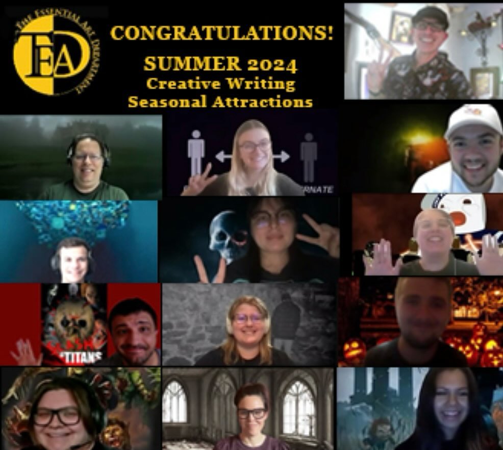JustynSchwoe's tweet photo. Earlier this week, I finished the class for @Essential_AD being Creative Writing for Seasonal Attractions: Halloween (Level 2) taught by Ted Dougherty! 

Was a fantastic class taught by a wonderful person, &amp; I'm very proud of my classmates! Some of my work for the class below... https://t.co/4QfE8E3rSX