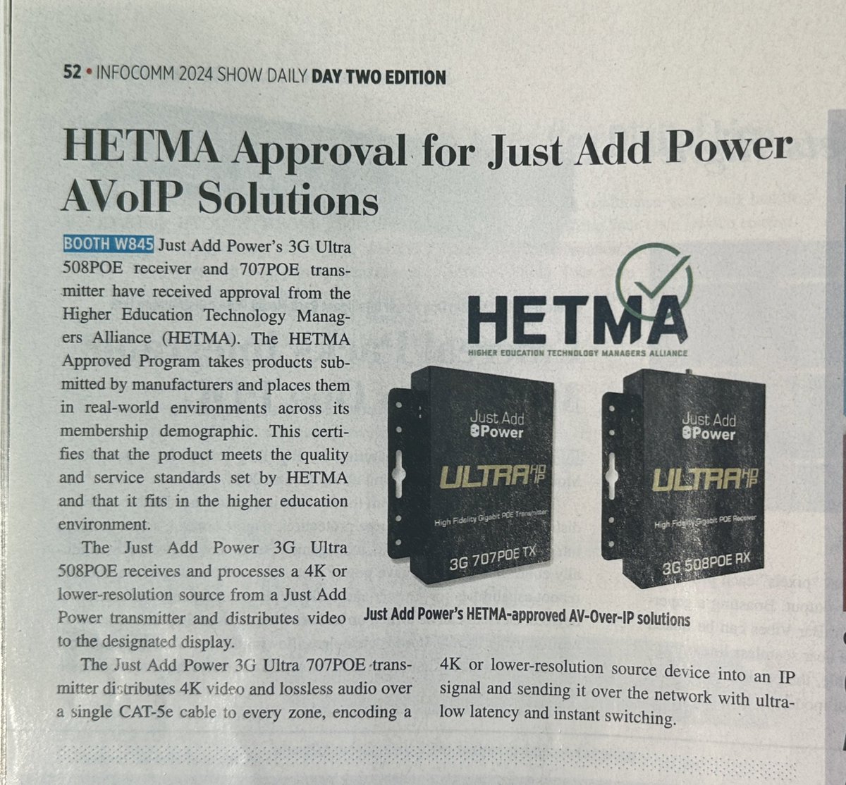 HETMA_org's tweet photo. 👀 Did you see today’s #InfoComm24 Show Daily? Yep, @JustAddPower is #HETMAApproved! Check them out at W845. #VivaLasHETMA https://t.co/9fIJZSw6op