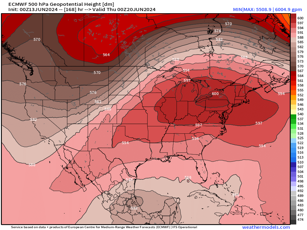 RyanWeather's tweet photo. A "mega heat dome" is forecast to develop over the Mid-Atlantic and Northeast into next week.

The ridge will be at near historical intensity centered upon Pennsylvania w/500 mb heights > 6000 m