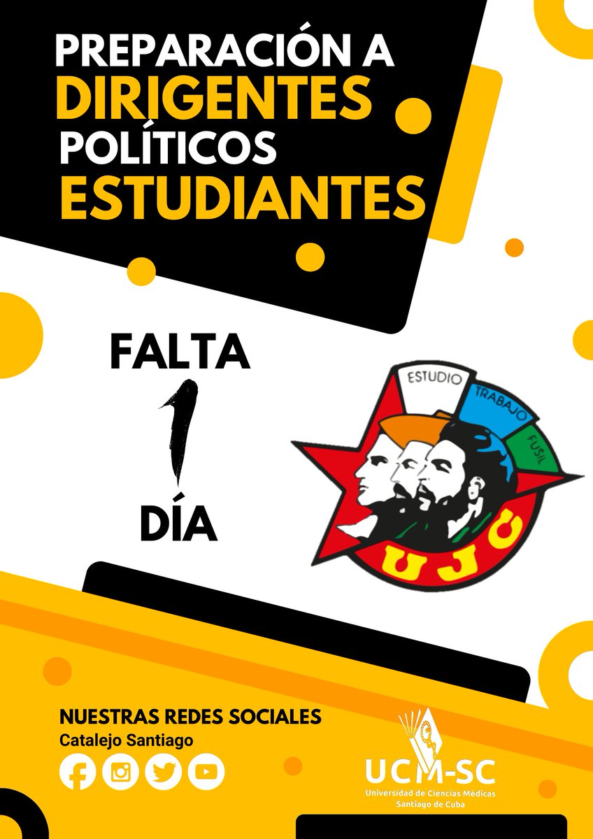 Catalejo_Stgo's tweet photo. ATENCIÓN
YA ES MAÑANA ...
Con más de 100 delegados e invitados, la Unión de Jóvenes Comunistas de la Universidad de Ciencias Médicas será protagonista del Activo de Salud Pública y la Preparación a Dirigentes Políticos Estudiantiles
#UJC
#UCM_SC  @ucm_sc https://t.co/ra7utClWiA