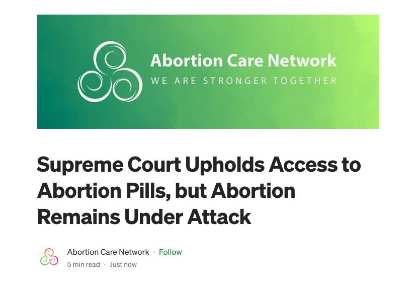 Abortion Care Network (@abortioncare) on Twitter photo Today, SCOTUS did the right thing by unanimously upholding access to mifepristone. But abortion remains under attack. Read our statement here: abortion-care-network.medium.com/supreme-court-… Then consider donating to <a href="/KeepOurClinics/">KeepOurClinics</a> to help support indie clinics in this ever changing abortion landscape. Today, SCOTUS did the right thing by unanimously upholding access to mifepristone. But abortion remains under attack. Read our statement here: abortion-care-network.medium.com/supreme-court-… Then consider donating to <a href="/KeepOurClinics/">KeepOurClinics</a> to help support indie clinics in this ever changing abortion landscape.