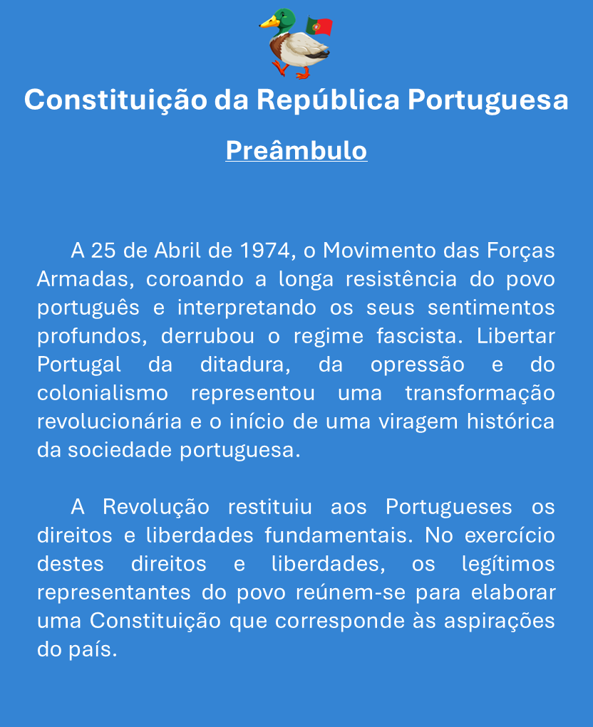 PoliticaFactual's tweet photo. A Constituição Portuguesa, 296 Artigos em 296 Dias! Dia 0 - Preâmbulo.

Esta  iniciativa tem como intuito trazer à população civil uma leitura da  Constituição Portuguesa de uma forma diária e progressiva, de modo a que  todos os cidadãos estejam melhor informados sobre a mesma. https://t.co/aovR8NohHS