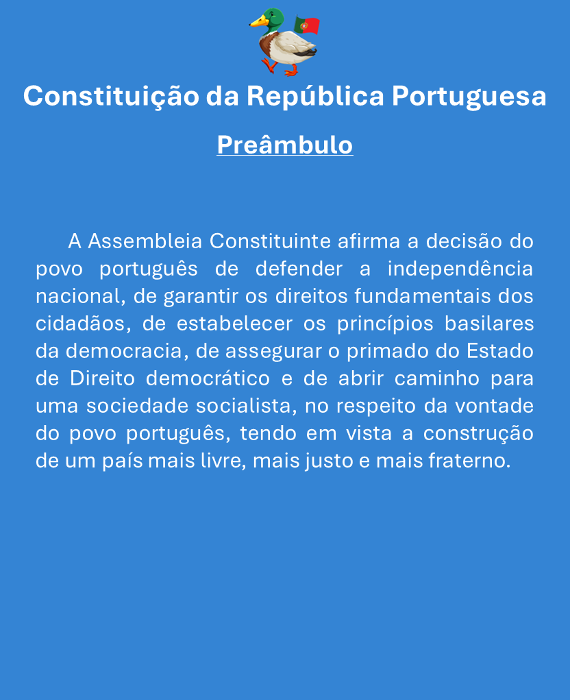 PoliticaFactual's tweet photo. A Constituição Portuguesa, 296 Artigos em 296 Dias! Dia 0 - Preâmbulo.

Esta  iniciativa tem como intuito trazer à população civil uma leitura da  Constituição Portuguesa de uma forma diária e progressiva, de modo a que  todos os cidadãos estejam melhor informados sobre a mesma. https://t.co/aovR8NohHS