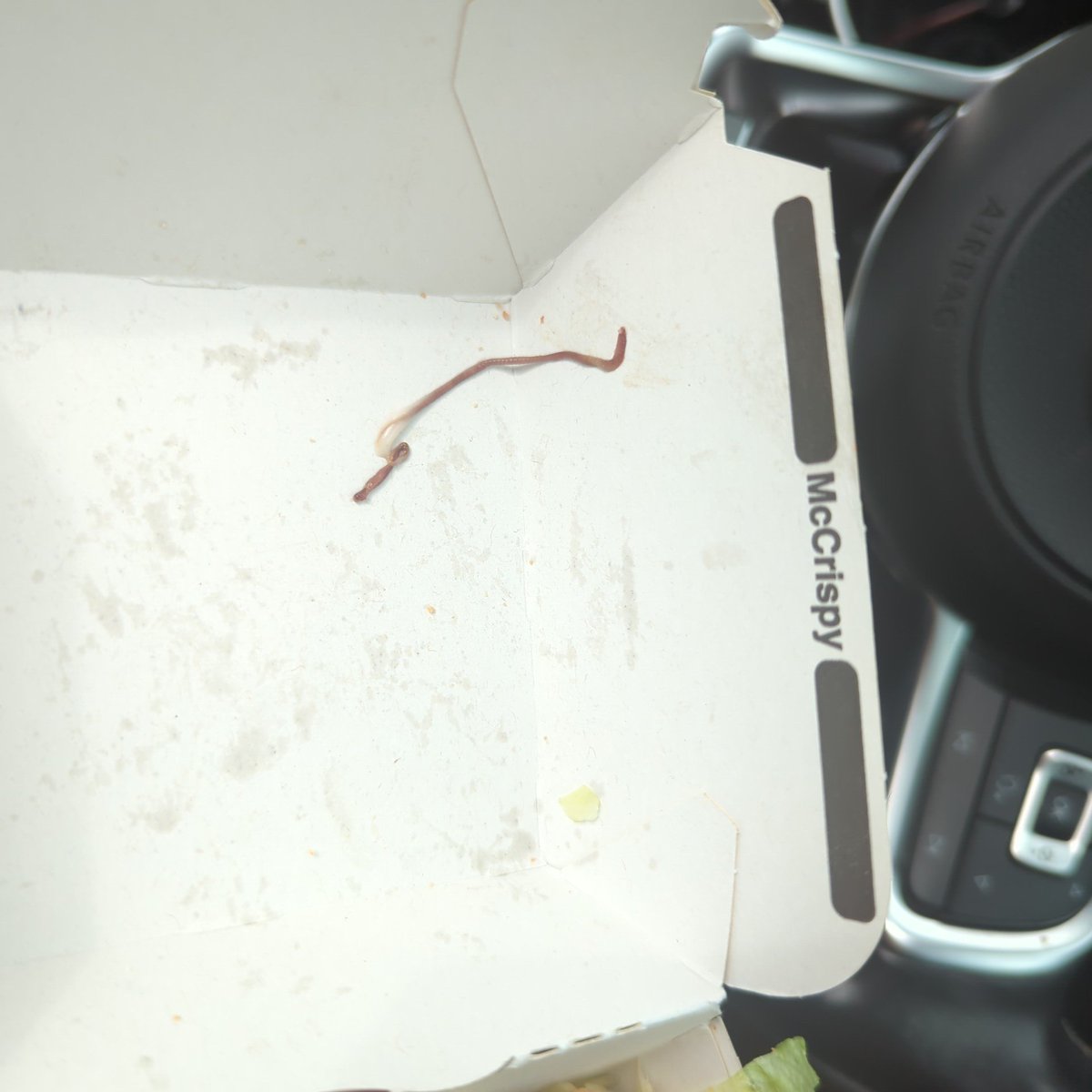 Bobble__Head's tweet photo. @McDonaldsUK really appreciate the wait in the queue and then the worm in my mcçrispy 🤮 https://t.co/JjzRj6rI5R