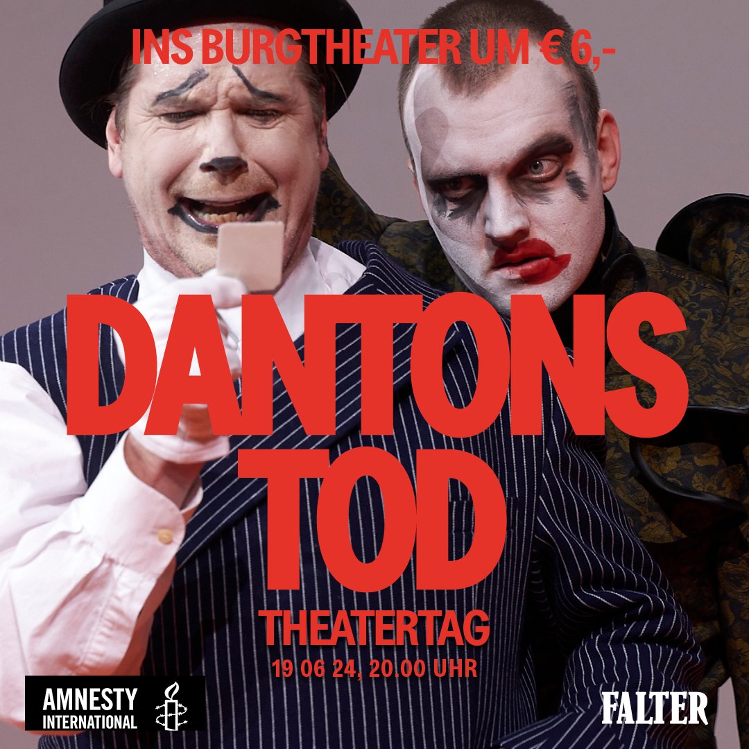 Burgtheater (@burgtheater) on Twitter photo #Theatertag-News: Am 19.06. laden wir in Kooperation mit <a href="/AmnestyAustria/">Amnesty Austria</a> und <a href="/falter_at/">@falter_at</a> zu Georg Büchners DANTONS TOD ins #Burgtheater! An diesem Tag sehen Sie das Stück um nur 6 € in allen Sitzplatzkategorien. ❤️
Info & Tickets 👉 burgtheater.at/theatertag
📸 Matthias Horn #Theatertag-News: Am 19.06. laden wir in Kooperation mit <a href="/AmnestyAustria/">Amnesty Austria</a> und <a href="/falter_at/">@falter_at</a> zu Georg Büchners DANTONS TOD ins #Burgtheater! An diesem Tag sehen Sie das Stück um nur 6 € in allen Sitzplatzkategorien. ❤️
Info & Tickets 👉 burgtheater.at/theatertag
📸 Matthias Horn