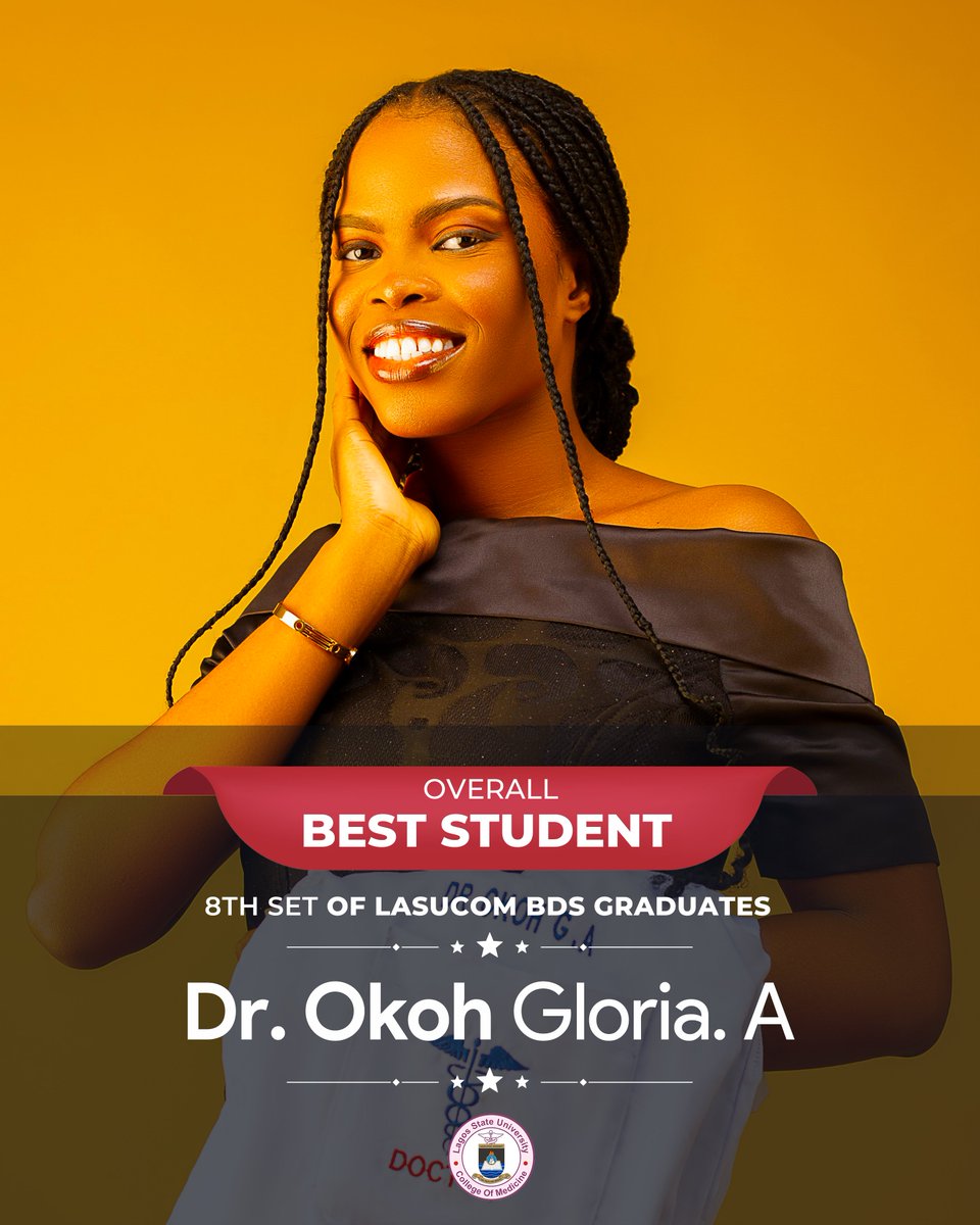 lasucomofficial's tweet photo. 🎓🩺🦷 Presenting Dr. Okoh Gloria Anuoluwa

The 🎖️Overall Best Graduating Student, 8th Set of Graduating DENTAL SURGEONS 🦷(BDS), LASUCOM

 Congratulations to this Exceptional Transcendent 👏🏾👏🏾

#LASUCOMInduction2024 https://t.co/CNSo1Dl82O