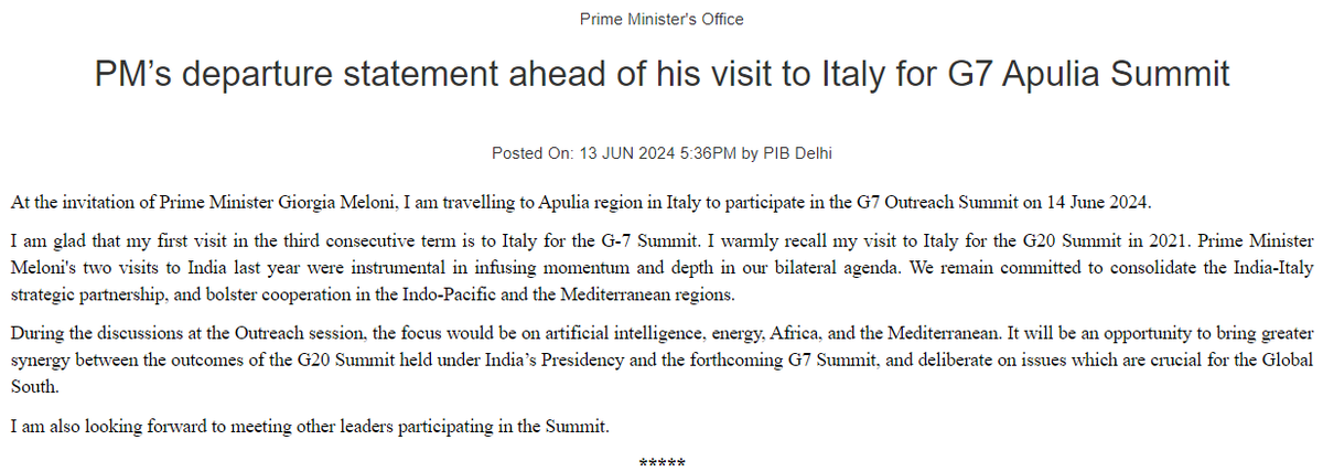 EconomicTimes's tweet photo. At the invitation of Prime Minister #GiorgiaMeloni, I am travelling to Apulia region in #Italy to participate in the #G7 #OutreachSummit on 14 June 2024. I am glad that my first visit in the third consecutive term is to Italy for the #G7Summit...During the discussions at the Outreach session, the focus would be on #ArtificialIntelligence, #energy, #Africa, and the #Mediterranean. It will be an opportunity to bring greater synergy between the outcomes of the #G20Summit held under #Indiaโs #Presidency and the forthcoming G7 Summit, and deliberate on issues which are crucial for the #GlobalSouth. I am also looking forward to meeting other leaders participating in the Summit: Prime Minister's Office
๐๏ธ Catch the day's latest news and updates โ https://t.co/vZoMIt5GTL
