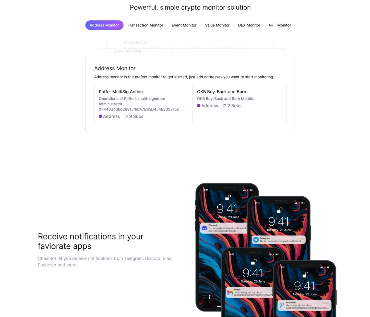 chainbot_io's tweet photo. We are saddened to hear about the discontinuation of https://t.co/bzzJfOwmeO on June 1st 💔
And honor its contributions to the blockchain world 🙏

To all former https://t.co/bzzJfOwmeO users, we invite you to try ChainBot! 🚀

✅ Supporting over 17 blockchains
✅ Address, Transaction, Event, Contract Value, DEX, NFT, Snapshot Monitoring
✅ Free 500 credits per month for every user
✅ Various notification channels: Email, Webhooks, Telegram, Discord
✅ Check our service health at: https://t.co/A5KLwGXZqL

Stay ahead with real-time alerts that matter! Dive in now at https://t.co/YMQZmQJwrd 🔗