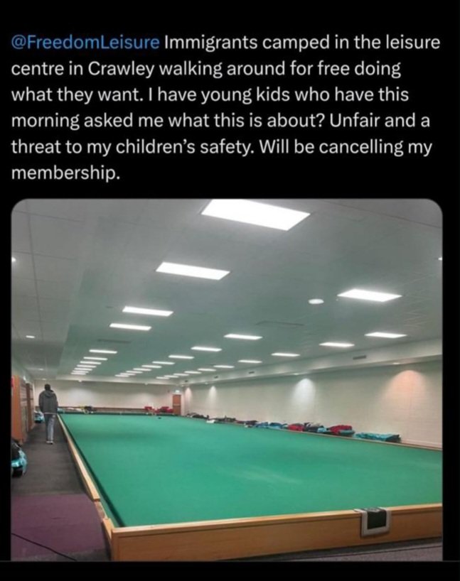 TRobinsonNewEra's tweet image. Leisure centre in the town of Crawley is the latest place to have unvetted illegal immigrants dumped in it.

Swimming clubs have sent out warnings for locals to stay in pairs, not to leave children alone.

Speaks volumes in itself.

Absolute disgrace!

sussexexpress.co.uk/news/politics/…