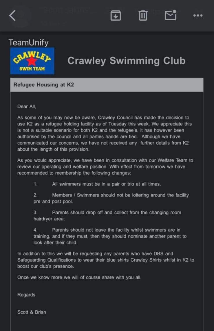 TRobinsonNewEra's tweet image. Leisure centre in the town of Crawley is the latest place to have unvetted illegal immigrants dumped in it.

Swimming clubs have sent out warnings for locals to stay in pairs, not to leave children alone.

Speaks volumes in itself.

Absolute disgrace!

sussexexpress.co.uk/news/politics/…