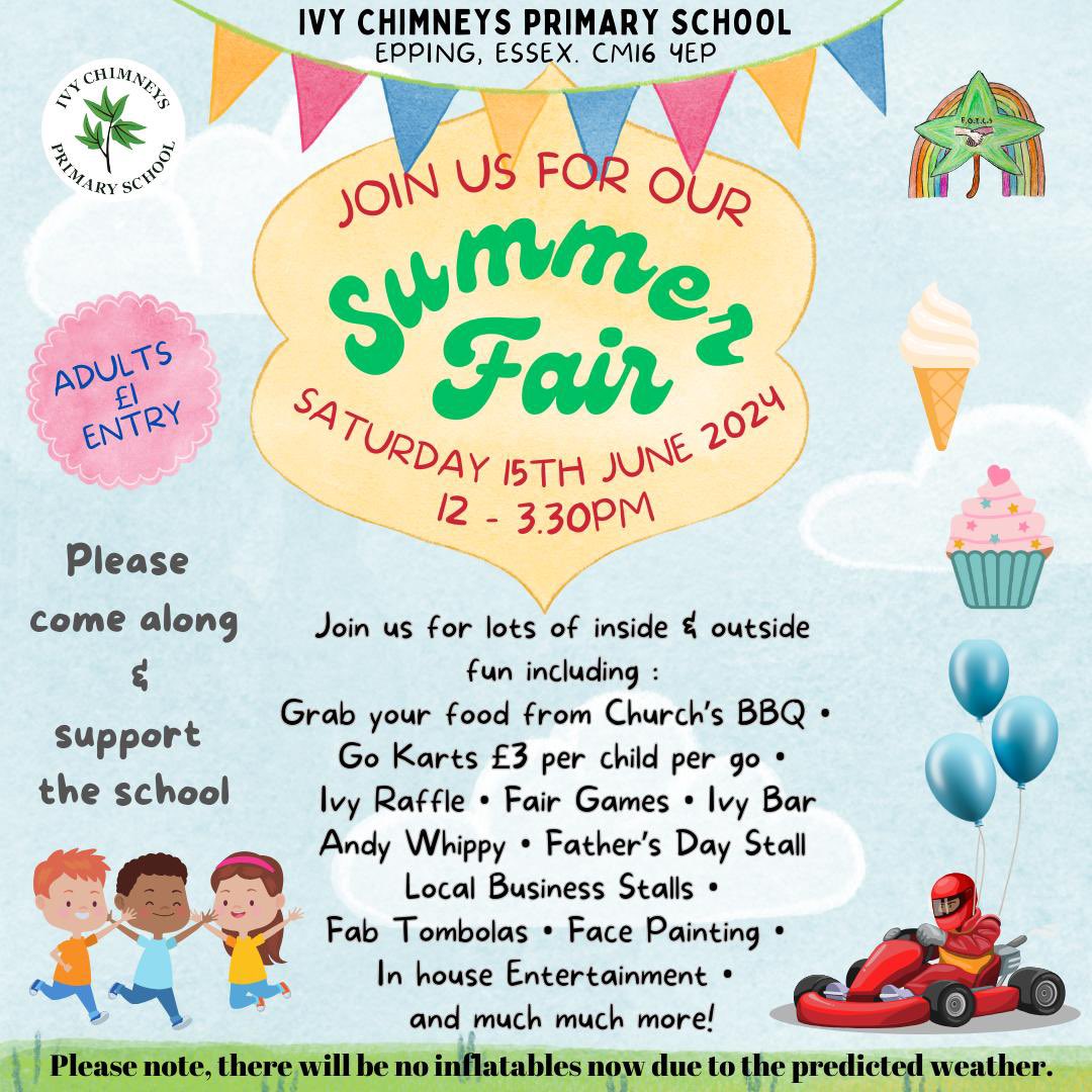 We look forward to welcoming you to <a href="/IvyChimneys/">Ivy Chimneys Primary</a> <a href="/FOICs/">FoICS (Friends of Ivy Chimneys Primary School)</a> Summer Fair this Saturday 15th June. 12-3.30pm. :) 
Come rain or shine, it’s going to be a fabulous day for everyone. :)