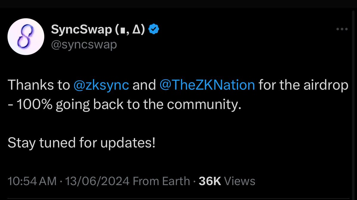 4 Zksync Projects To Redistribute 100% Of Their Airdrops Back To The Community 

This Should Run Up Some Compensation For A Lot Of Users, For Fees Spent &amp; Time Wasted 

Really Sad Things Turned Out This Way, But Shout Out To

<a href="/tevaera/">Tevaera - Wishlist DeGen Rivals on Steam.</a> 
<a href="/HoldstationW/">Holdstation - The DeFAI Smart Wallet</a> 
<a href="/syncswap/">SyncSwap (((+)))</a> 
<a href="/grvt_io/">Grvt</a>