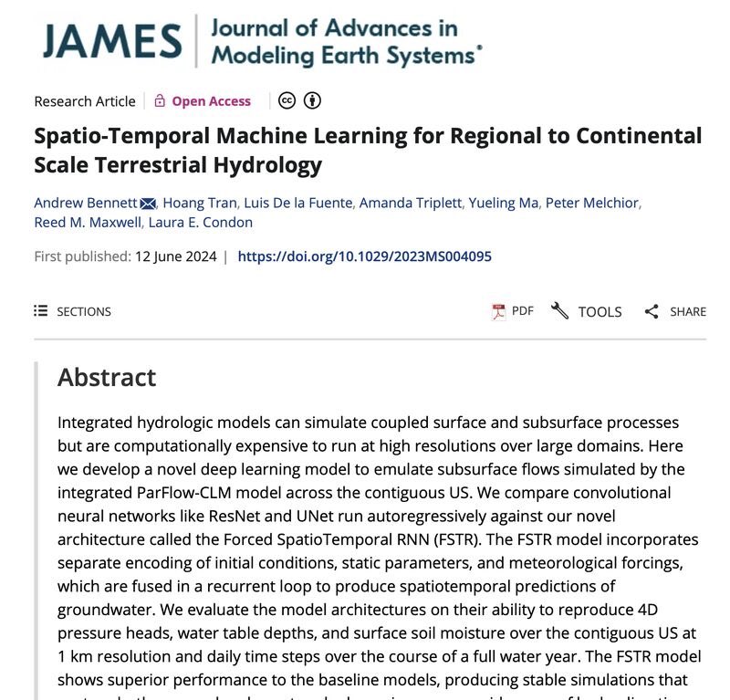 Reed Maxwell (@reedh2o) on Twitter photo Can a DL emulator model learn continental scale hydrology? Yes it can. New paper out from our Hydro-ML team shows how! Nice work led by @arbennett_ and <a href="/LCofthedesert/">Laura Condon</a> with <a href="/hoang_h2o/">Hoang Tran</a> <a href="/peter_melchior/">Peter Melchior (@PeterMelchior@scicomm.xyz)</a> et al
<a href="/EPrinceton/">Princeton Engineering</a> <a href="/IGWMC/">igwmc</a>
agupubs.onlinelibrary.wiley.com/doi/10.1029/20… Can a DL emulator model learn continental scale hydrology? Yes it can. New paper out from our Hydro-ML team shows how! Nice work led by @arbennett_ and <a href="/LCofthedesert/">Laura Condon</a> with <a href="/hoang_h2o/">Hoang Tran</a> <a href="/peter_melchior/">Peter Melchior (@PeterMelchior@scicomm.xyz)</a> et al
<a href="/EPrinceton/">Princeton Engineering</a> <a href="/IGWMC/">igwmc</a>
agupubs.onlinelibrary.wiley.com/doi/10.1029/20…