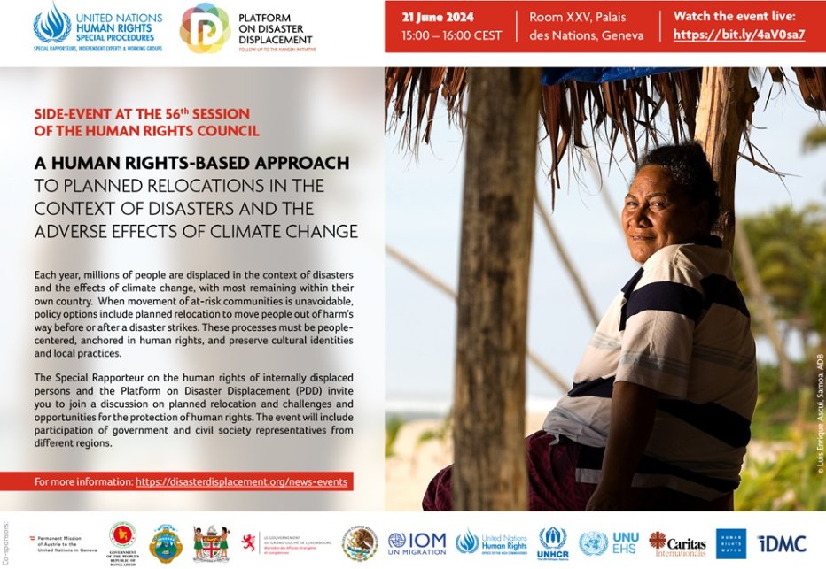 m_yonetani's tweet photo. Coming up: #HRC60 side event: A #humanrights-based approach to #plannedrelocation in the context of disasters & the adverse effects of #ClimateChange w/
@PaulaGaviriaB & PDD
21 June 3-4pm CEST, UN Geneva or watch live: https://t.co/EwdXWRHdnW
@UNFCCC @KajsaFN @WoodruffSierra https://t.co/m7fsW4LTdW