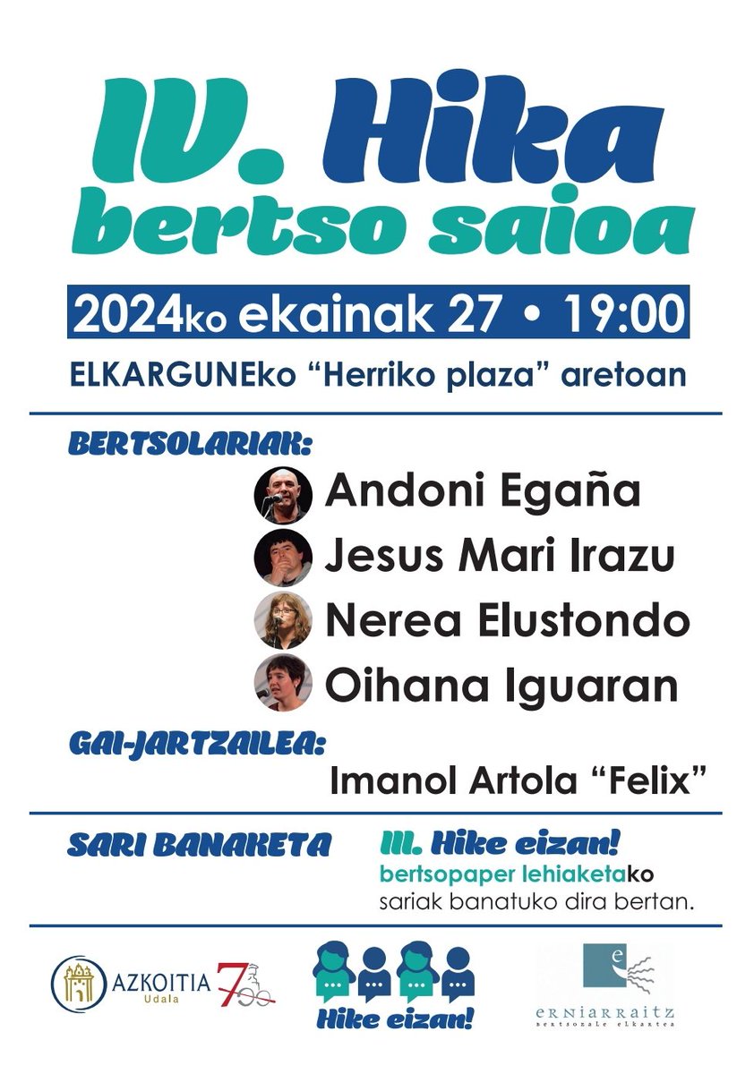 Aizan/k, belaxe diñau/diau 🎤 IV. Hike bertso-saxue ta 🏆 III. Hike eizan! bertsopaper lehiaketako sari-banaketie!
📆 ekainak 27
📍elkargunin 
🕐 atsaldeko 19:00
Animau❗

#hikeeizan