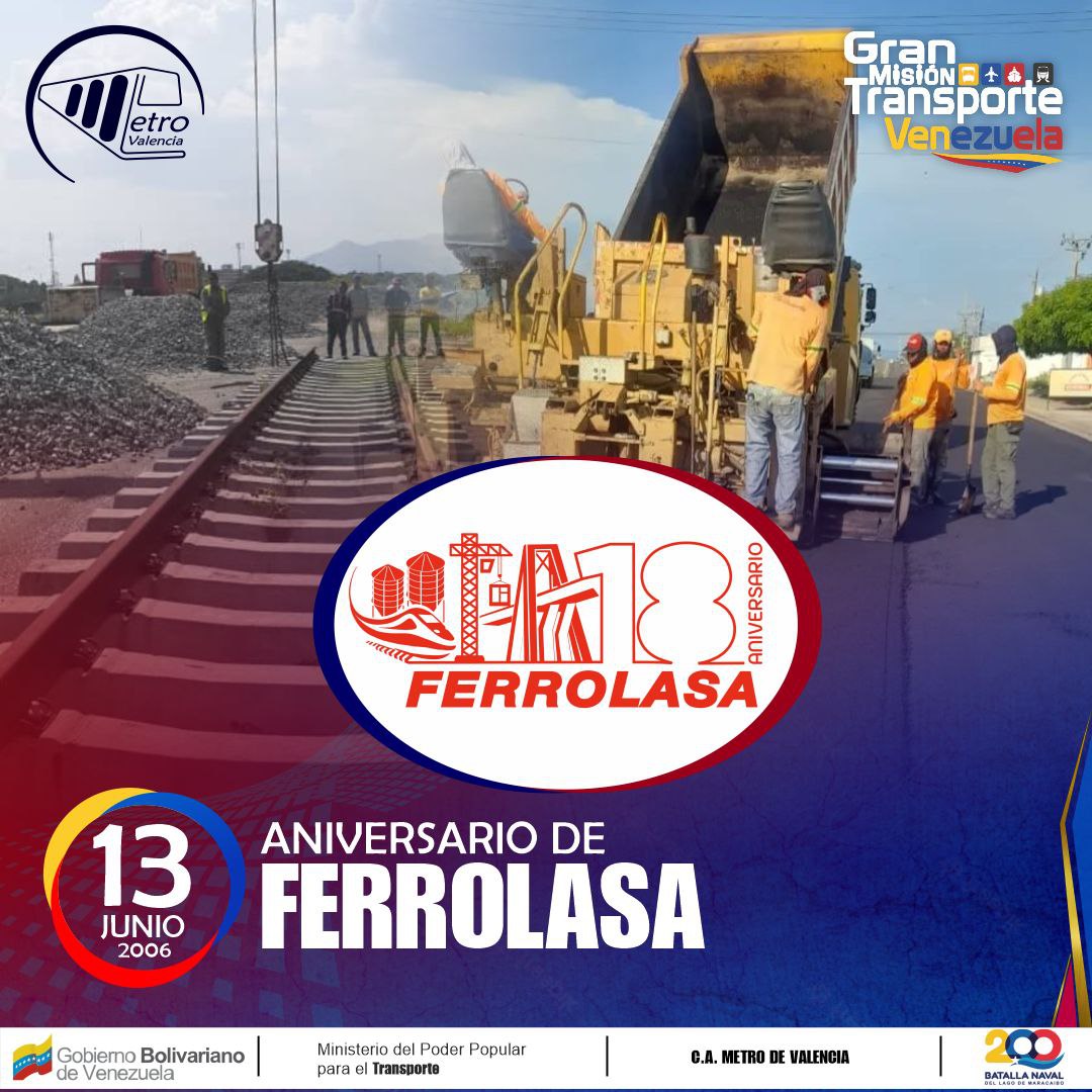#13Jun |<a href="/CAMETROVALENCIA/">METRO DE VALENCIA</a> y su Pdta. Lic. Yolyemil Rodríguez (<a href="/Yolyemil/">yolyemil</a>) felicita a la #ClaseObrera de <a href="/Ferrolasa/">Ferrolasa</a> por su 18vo aniversario mantiendose firme al servicio del pueblo🇻🇪 ¡#GMTVen en Marcha! #VenezuelaPotencia